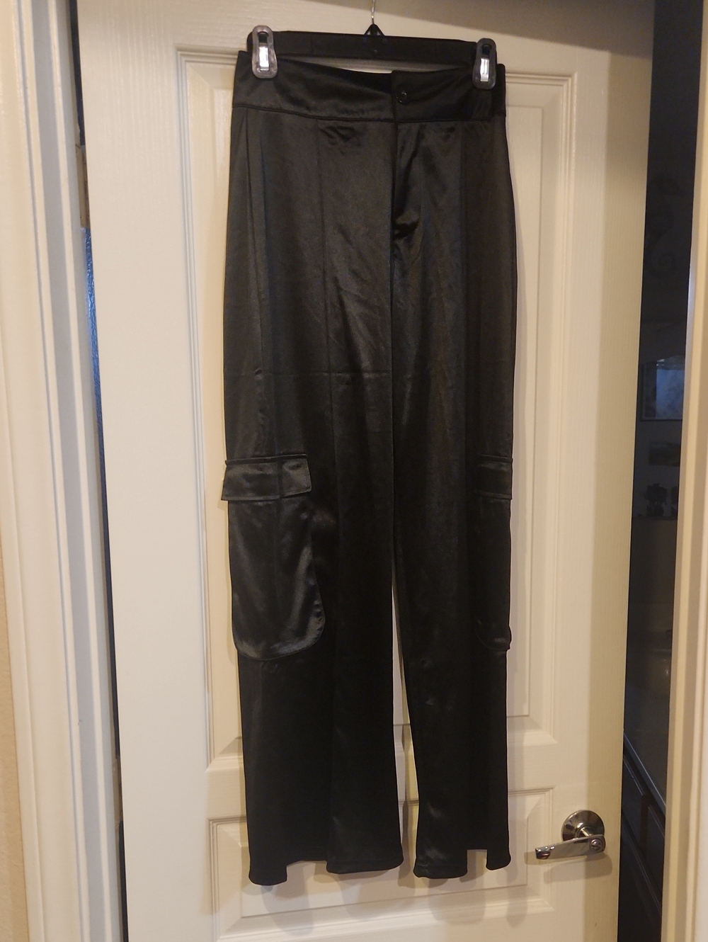Rainbow Black Satin Wide-Leg Cargo Pants